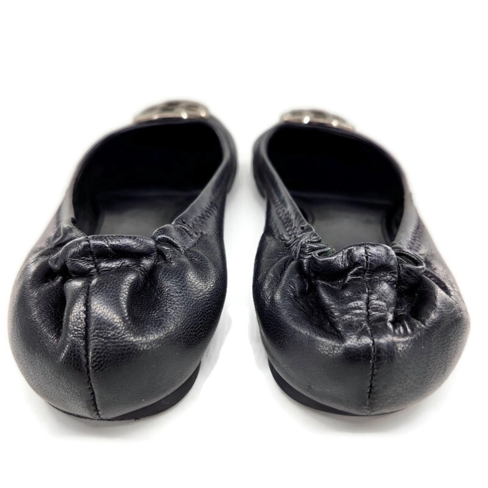 Tory Burch Reva Black Leather Silver-Tone Double-T Medallion Classic Ballet Flat - Picture 6 of 11